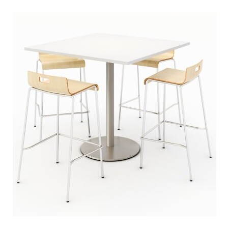 Kfi KFI 36" Dining Table & 4 Barstool Set, White Table With Natural Stools T36SQ-B1922SL-38-D354-BR9333-4-NA